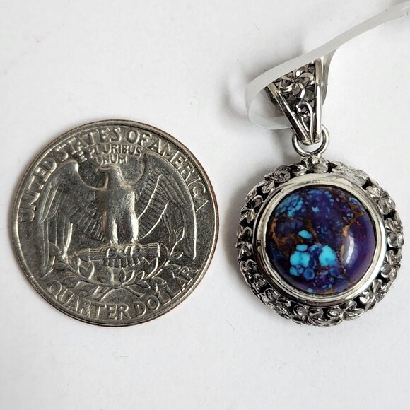 2011 925 Artisian Natural Purple Copper Turquoise Round Pendant 18" Silver Chain - Picture 3 of 10